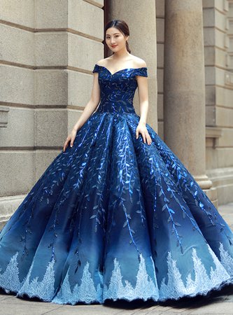 Blue Ball Gown Off The Shoulder Bling Bling Sequins Wedding Dress