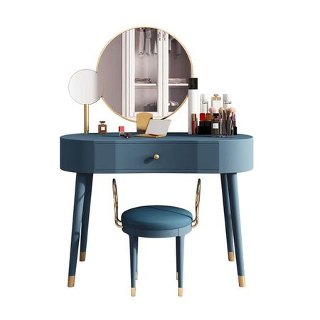 Elegant Makeup Vanity Table Set 2 Mirrors with Drawer & Stool Brushed Gold Blue