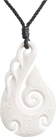 Collier avec Pendentif en Os Maori Hei Matau Crochet De Pêche Spirali Koru
