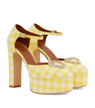 chequered yellow heels