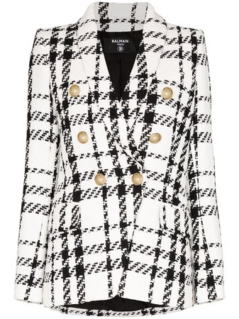 White Balmain Double-Breasted Checked Tweed Blazer For Women | Farfetch.com