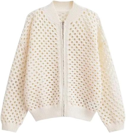 Amazon.com: SUNRISE LIGHTING Beige Hollow Out Knitted Jacket Long Sleeves Bomber Coat Front Zipper Female Chic Lady Outercoats : Clothing, Shoes & Jewelry