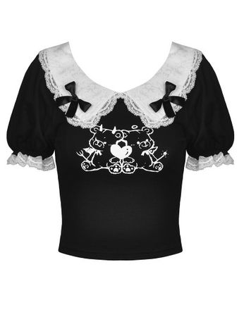 Dark in Love Black and White Gothic Lolita Two Little Bears Doll Top for Women - DarkinCloset.com