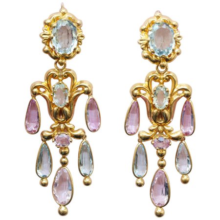 Georgian Gold Girandole Aquamarine Pink Topaz 18 Karat Gold Dangle Drop Earrings For Sale at 1stDibs