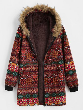 [26% OFF] 2020 Fur Collar Fleece Lined Tribal Print Coat In RED | ZAFUL