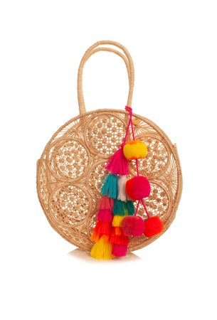 Round straw bag with multicolored prom poms