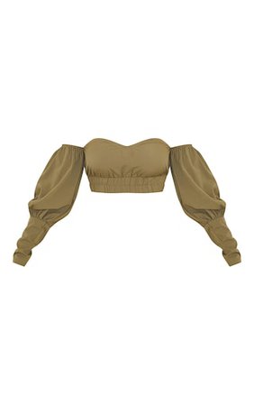 Khaki Woven Bardot Cuff Sleeve Crop Top | PrettyLittleThing USA