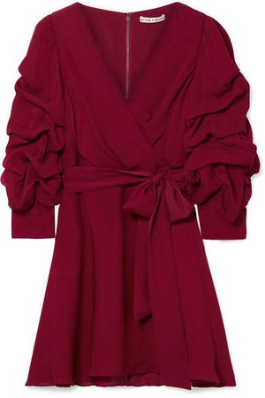 Alice Olivia - Santina Ruched Wrap-effect Silk Crepe De Chine Mini Dress - Burgundy