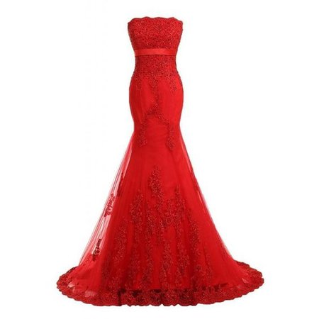 Sunvary Red Strapless Long Lace Dress