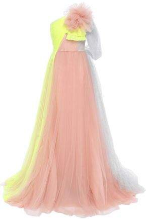 One-shoulder Color-block Tulle Gown