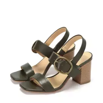Daphne Double Strap Heeled Mules Sandals Olive Green with Buckle detail | Lazada