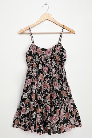 LUSH Black Floral Dress - Tiered Mini Dress - Cute Babydoll Dress
