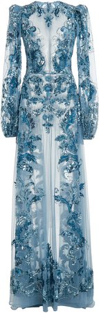 Zuhair Murad Astor Embroidered Tulle Long Sleeve Gown