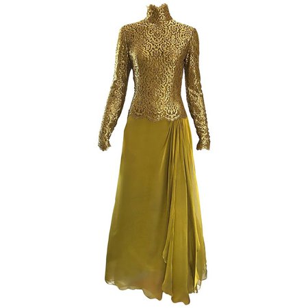 Vintage Bob Mackie Amazing Chartreuse Green + Gold Silk Chiffon Lace Gown For Sale at 1stdibs