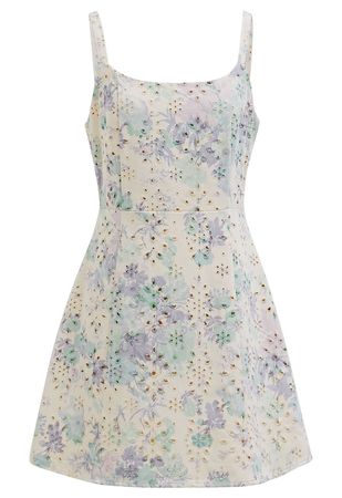 Rose Printed Eyelet Embroidered Cami Denim Dress in Lavender - Retro, Indie and Unique Fashion