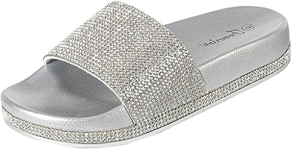 Amazon.com: Forever Link Viste-07 Rhinestone Glitter Slide Slip On Flatform Footbed Sandal Slippers: Shoes