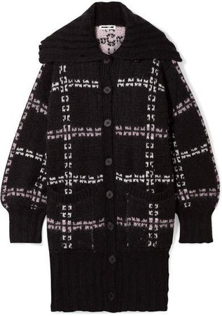 Oversized Checked Jacquard-knit Coat - Black
