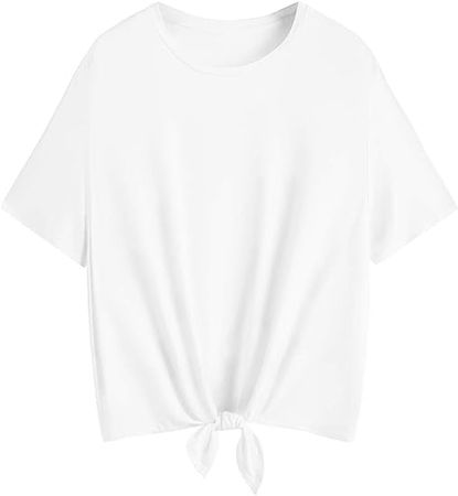 Romwe Women's Short Sleeve Tie Front Knot Casual Loose Fit Tee T-Shirt at Amazon Women’s Clothing store