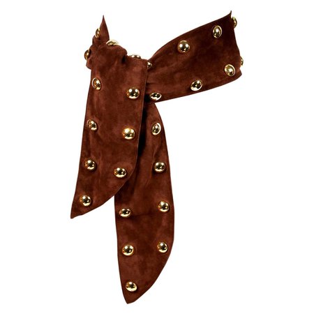 1989 YVES SAINT LAURENT brown suede belt with oversized gold studs For Sale at 1stDibs