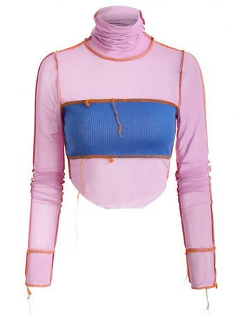 [32% OFF] 2020 Turtleneck Topstitching Colorblock Mesh Crop Top In LIGHT PINK | ZAFUL