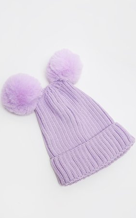 Lilac Rib Knit Double Pom Pom Beanie Hat | PrettyLittleThing USA
