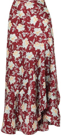Asymmetric Floral-print Silk Midi Skirt - Burgundy