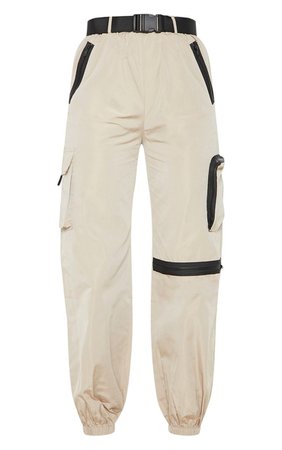 STONE SHELL BELTED POCKET DETAIL JOGGERS