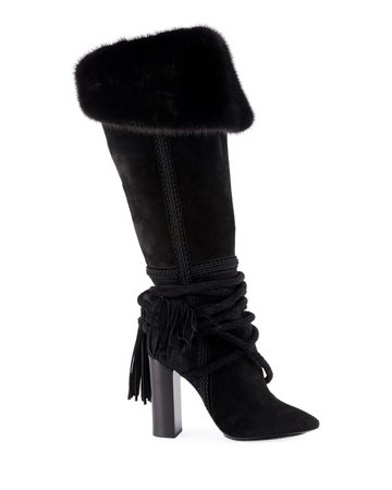 Saint Laurent Meurice Suede Knee Boots with Fur Collar | Neiman Marcus