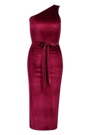 Tall Belted One Shoulder Velvet Midi Dress | Boohoo berry