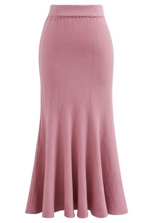 Frilling Hem Knit Midi Skirt in Pink - Retro, Indie and Unique Fashion