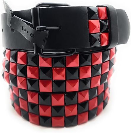 Deep Red & Black Checkered Pyramid Studded Belt Punk (X-Large (42-44)) at Amazon Women’s Clothing store