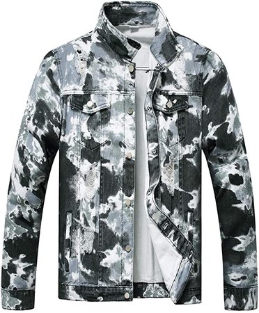 LZLER Jean Jacket for Men, Ripped Denim Jacket for Men with Holes(Black-White, Medium) at Amazon Men’s Clothing store