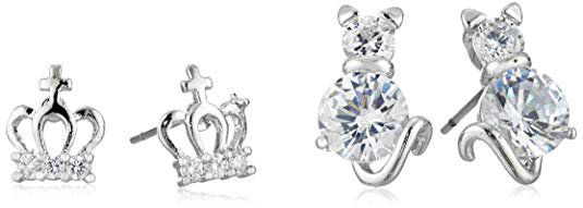 Betsey Johnson Cubic Zirconia Cat and Crown Duo Set of Stud Earrings: Clothing