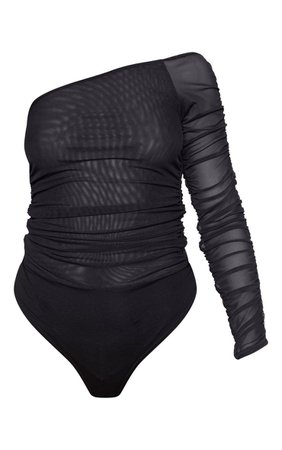 Black One Shoulder Ruched Mesh Bodysuit | PrettyLittleThing