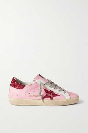 Superstar Glittered Distressed Leather Sneakers - Pink