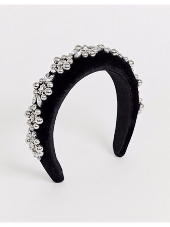 Black velvet headband w/ silver flowers
