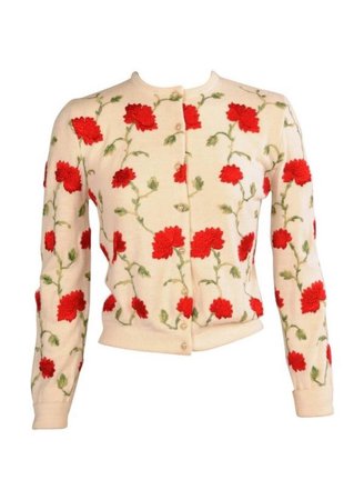 cream beige red flower cardigan  shirt