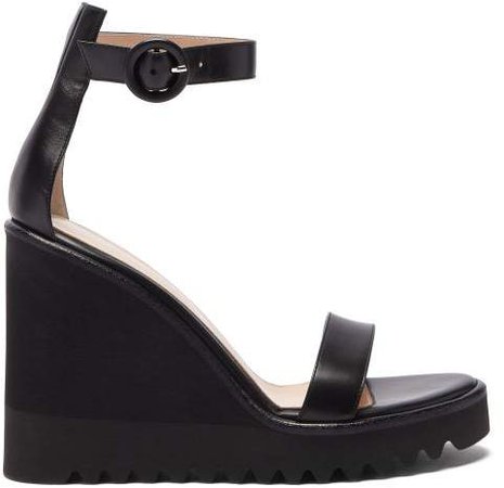 Scalloped Sole Leather Wedge Sandals - Womens - Black