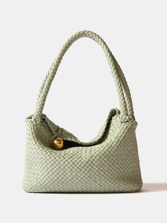 sage green leather woven bag