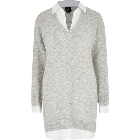 Grey knitted long sleeve shirt jumper dress | River Island