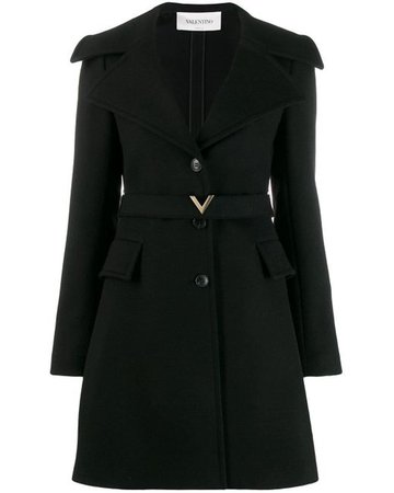 Valentino Wool Compact V Belt Coat in Black