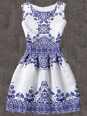 Blue Vintage Pattern Print Fit & Flare Sleeveless Dress