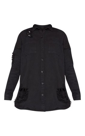 Black Oversized Distressed Denim Shirt | PrettyLittleThing USA