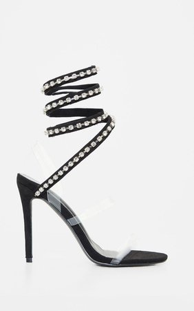 Black Diamante Embellished Ankle Wrap Sandal | PrettyLittleThing USA