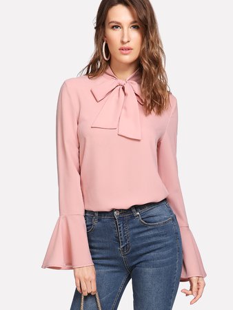 Bow Tied Neck Bell Cuff Curved Hem Blouse