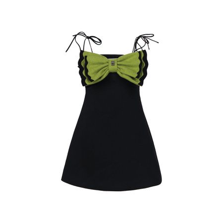 calvin luo Black Slip Dress with Green Bowknot