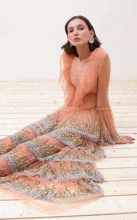 Fontaine Fire Beaded Ruffled Tulle Gown by Sandra Mansour | Moda Operandi