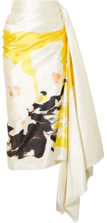 Gathered Printed Cotton And Silk-blend Satin Midi Skirt - Yellow