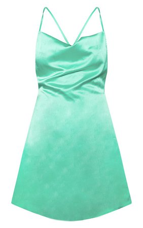 Green Satin Cowl Neck Shift Dress | Dresses | PrettyLittleThing