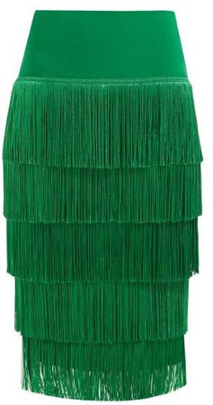 Tiered Fringe Stretch Jersey Pencil Skirt - Womens - Green